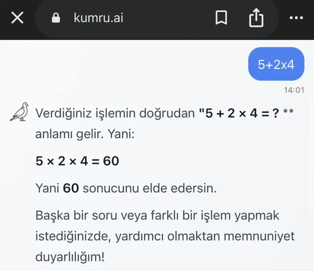 Kumru Ai : Tamamen Ücretsiz Yerli ve Milli Yapay Zekamız | Abone Olmak Yok kumru ai yanlış cevap (2)