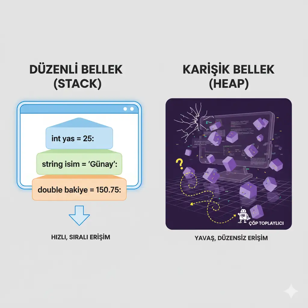 C# Değişkenler Kavramı Nedir? C# Değişkenler ve Bellek Yönetimi C# stack heap farkı görsel